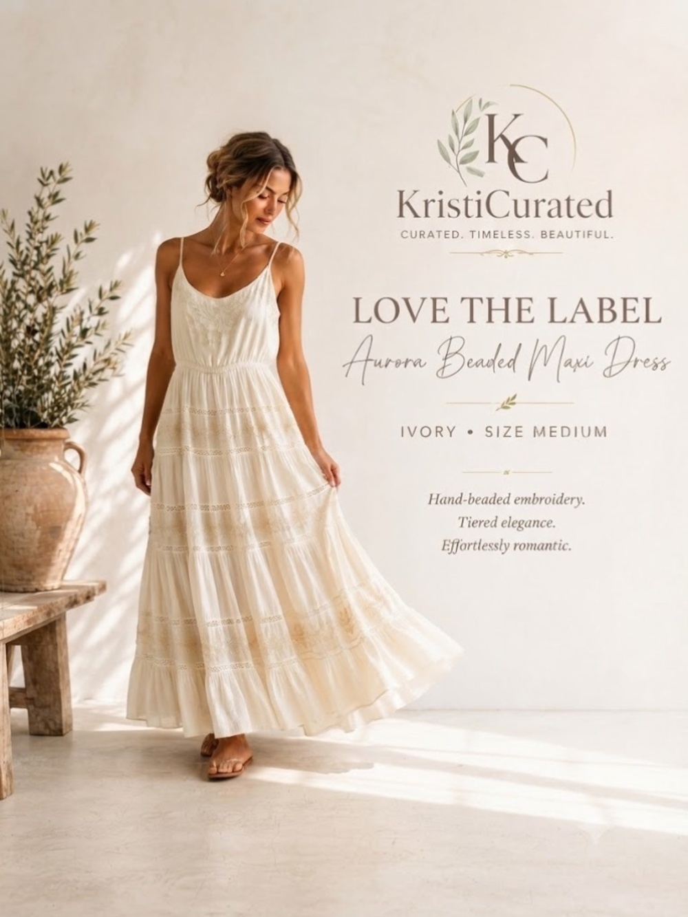 🤍🌿 Love the Label Aurora Beaded Cotton Maxi Dress Ivory Boho M